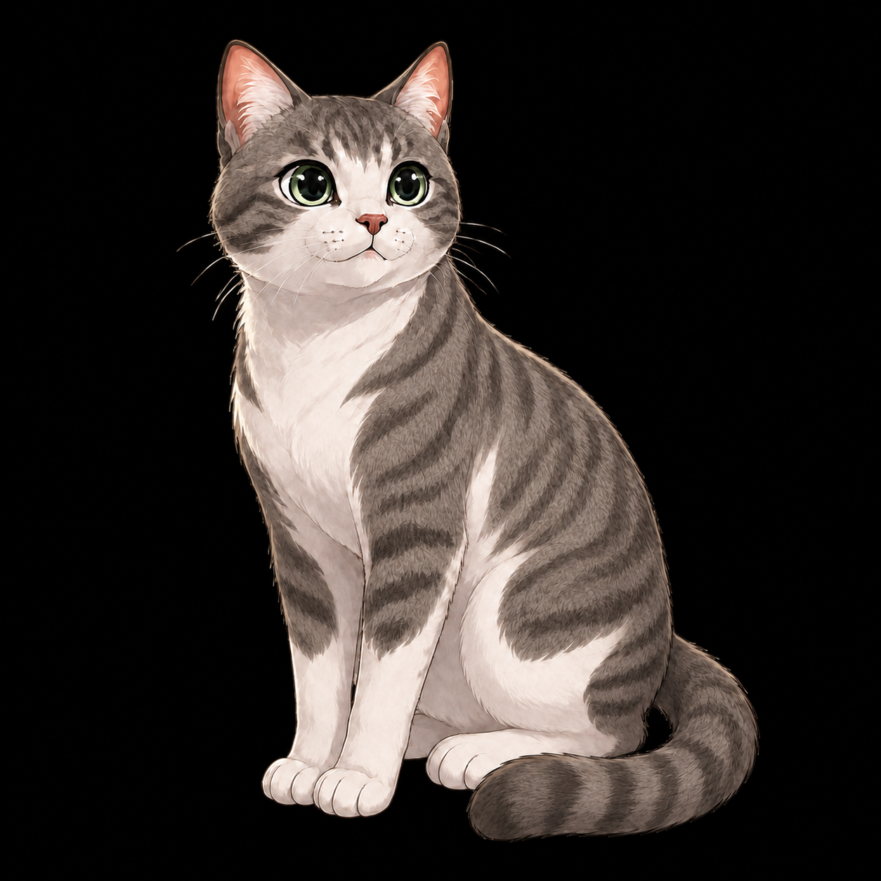Nobody, a grey and white tabby cat, sitting quietly